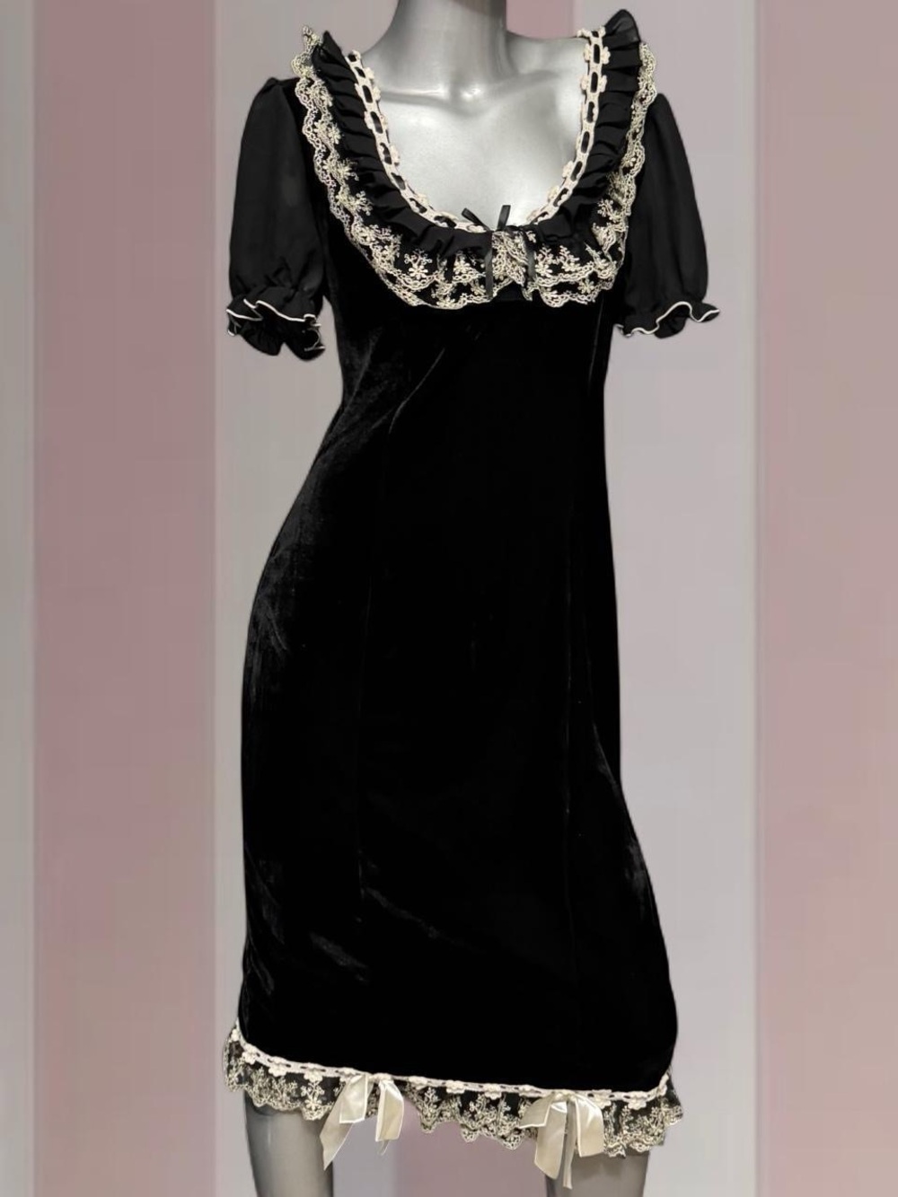 Dreamgirl Black Velvet Lace Trim Dress with White Lace Trim & Bows